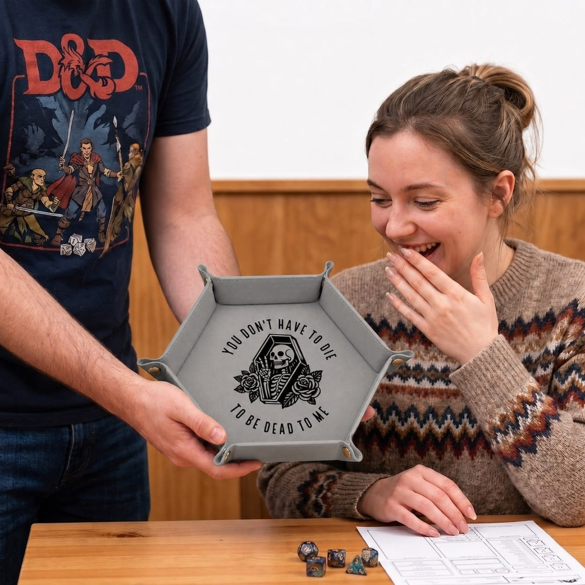 Dead To Me Skeleton Coffin - DICE TRAY Dead To Me Skeleton Coffin Dice Tray | Foldable PU Leather D&D Tray