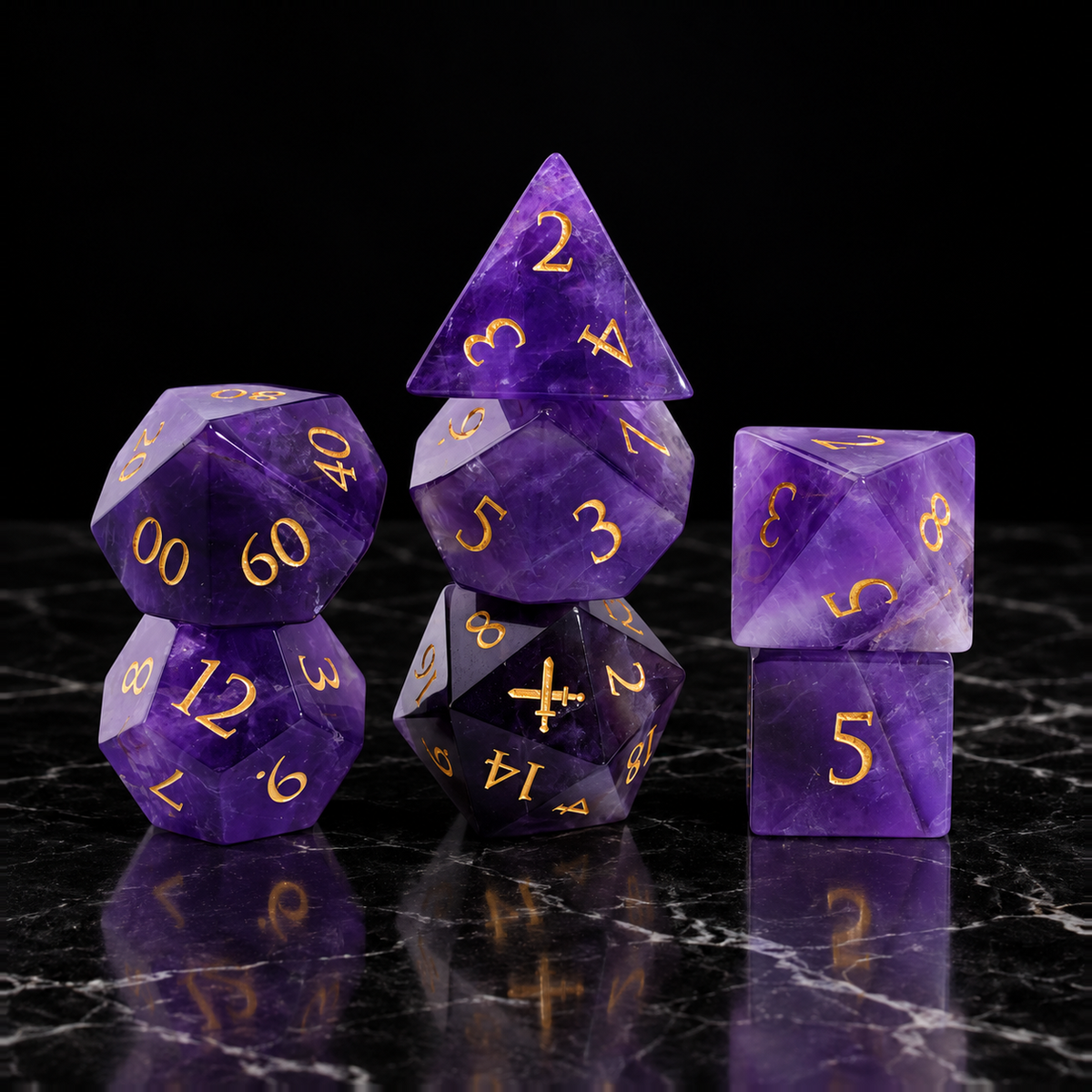 Violet Reliquary amethyst DnD dice standing set