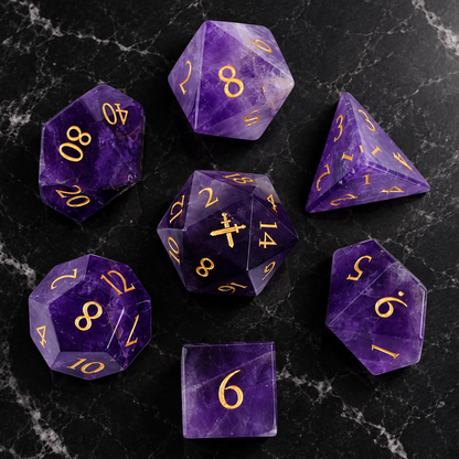 Violet Reliquary seven-piece amethyst dice overhead view