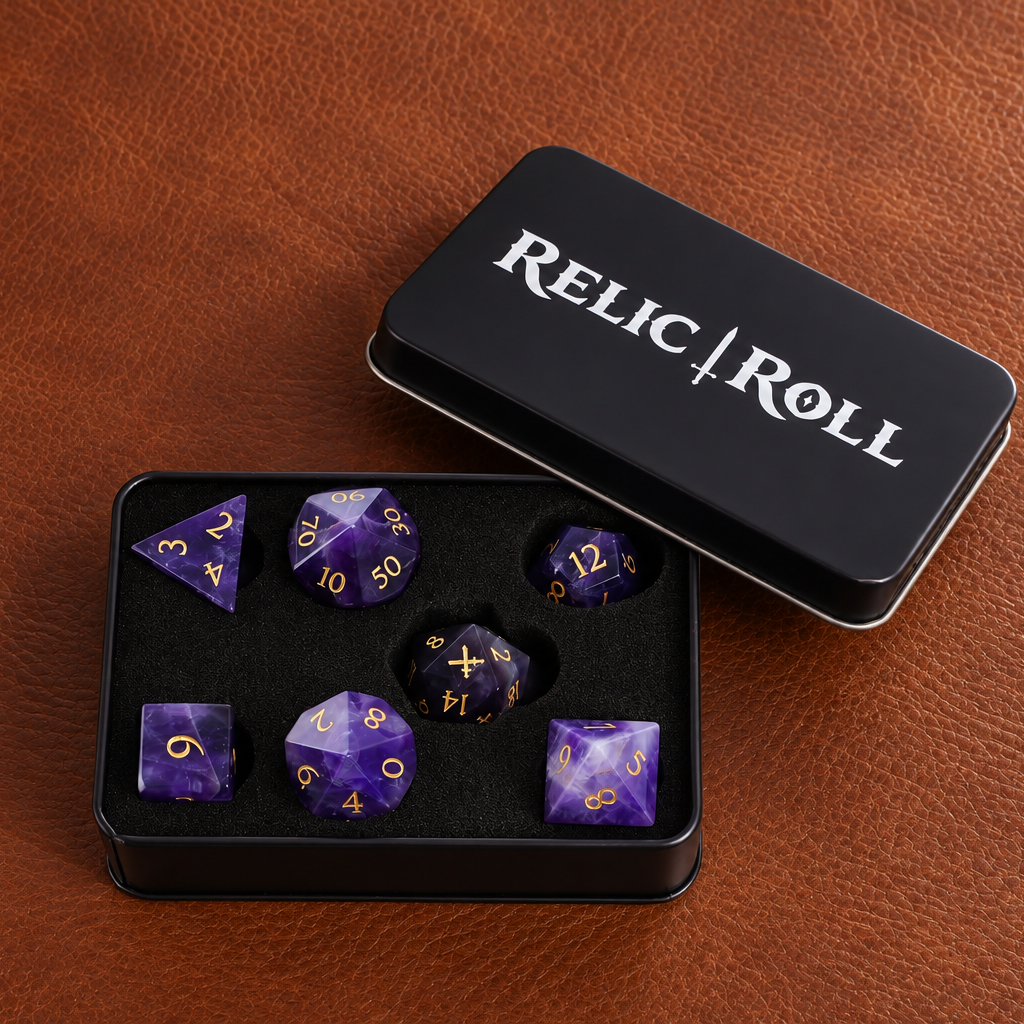 Violet Reliquary amethyst dice with Relic Roll case
