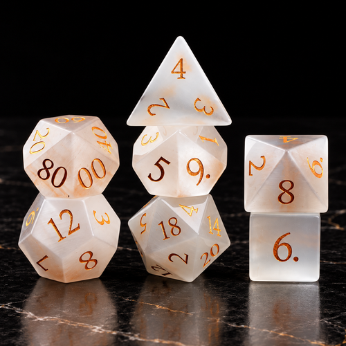 Frostbound Oracle white cat's eye gemstone DnD dice standing set
