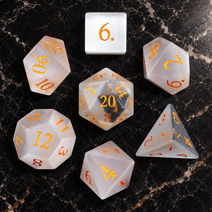 Frostbound Oracle seven-piece white cat's eye dice overhead view