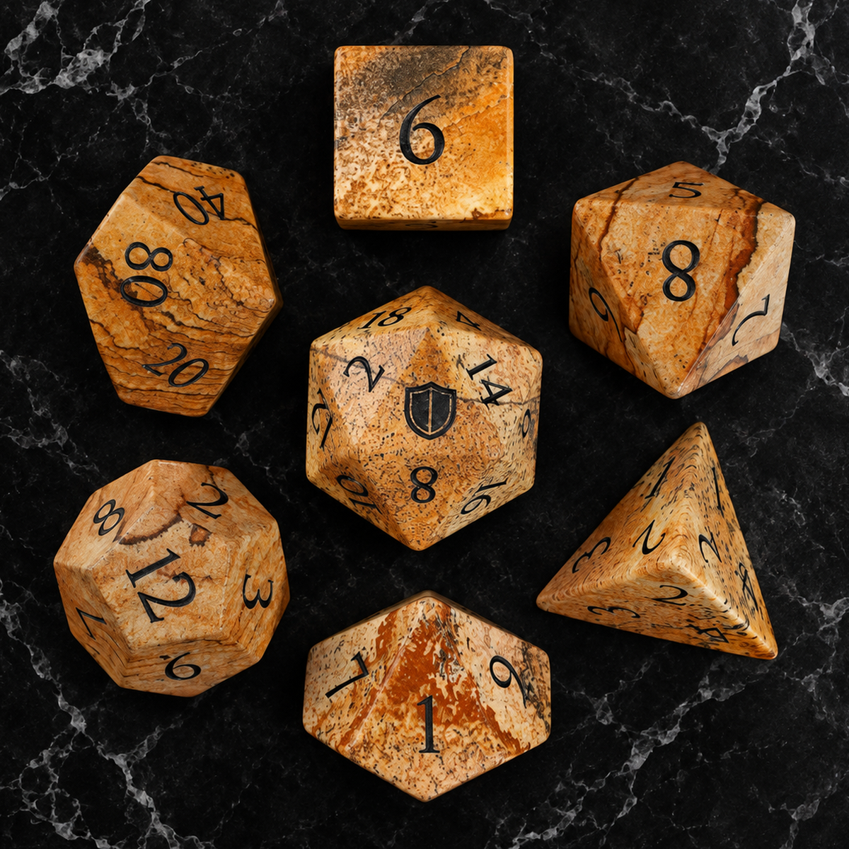 Desert Cartographer seven-piece Picture Jasper dice overhead view