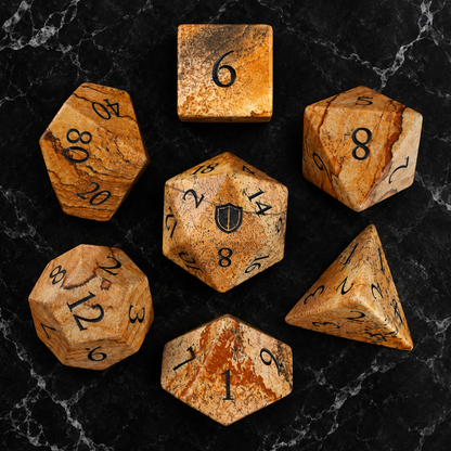 Desert Cartographer seven-piece Picture Jasper dice overhead view