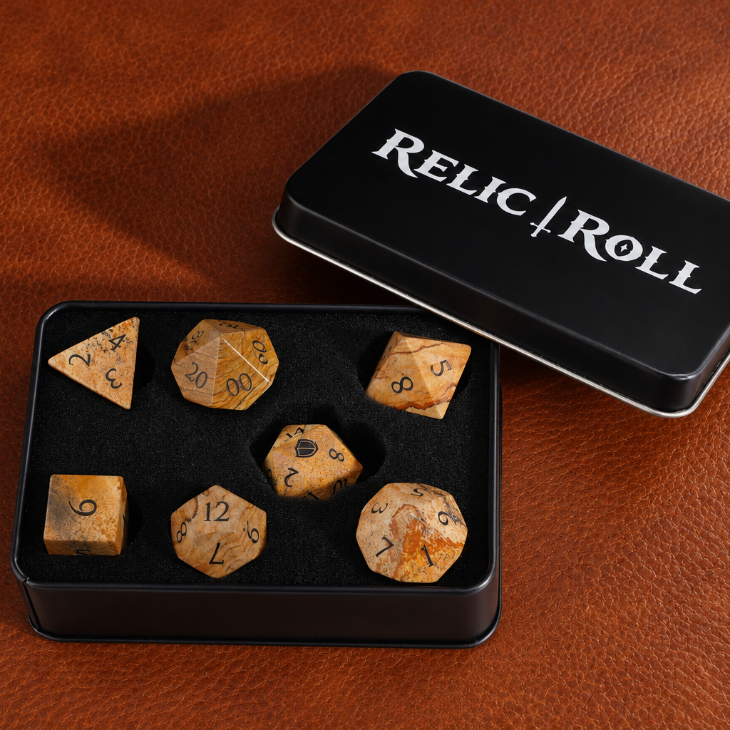 Desert Cartographer Picture Jasper dice with Relic Roll case