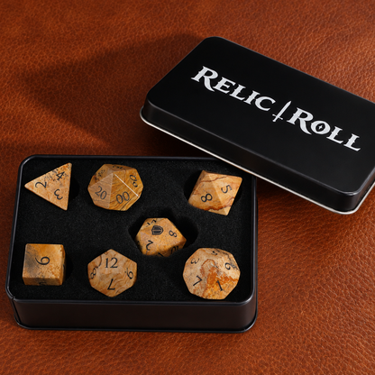 Desert Cartographer Picture Jasper dice with Relic Roll case