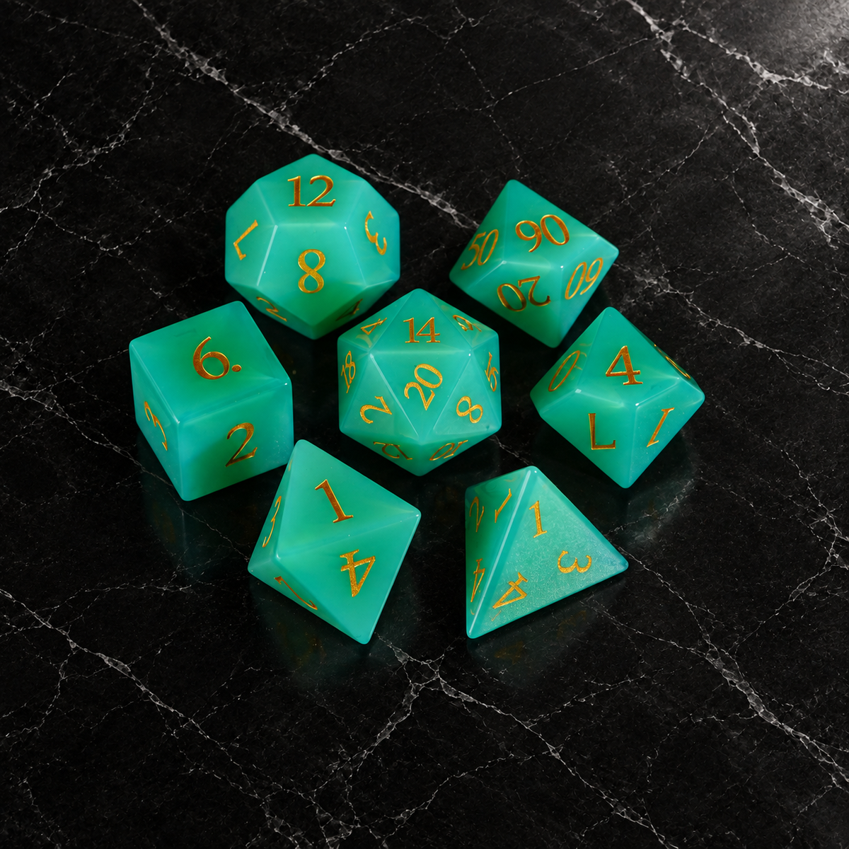 Viridian Opal - Green Opalite Gemstone Dice Set - overhead set