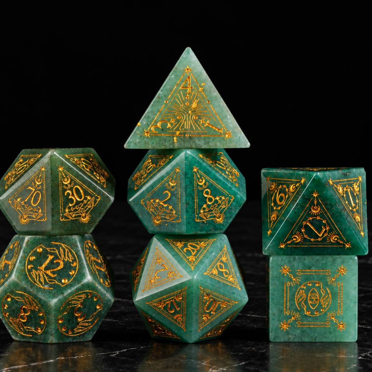 Emerald Sigil - Green Aventurine Gemstone Dice Set - standing set