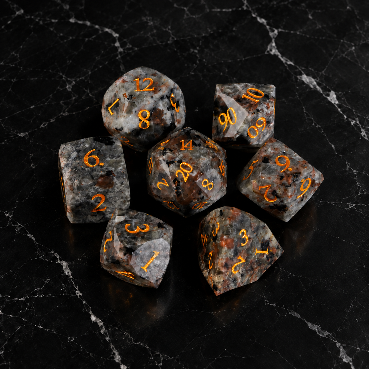 Emberstone Prism - Faceted Flame Stone Dice Set - overhead set