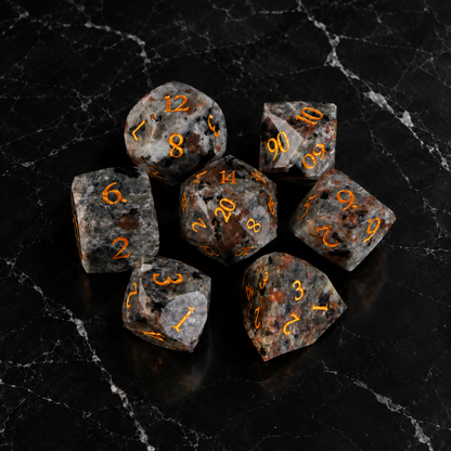 Emberstone Prism - Faceted Flame Stone Dice Set - overhead set