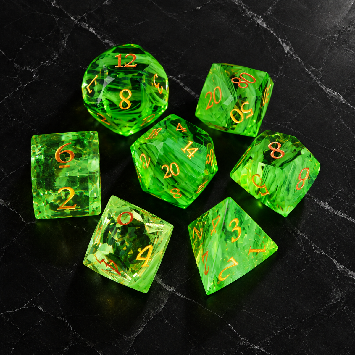 Verdant Aurora - Faceted Green Cat's Eye Dice Set - overhead set
