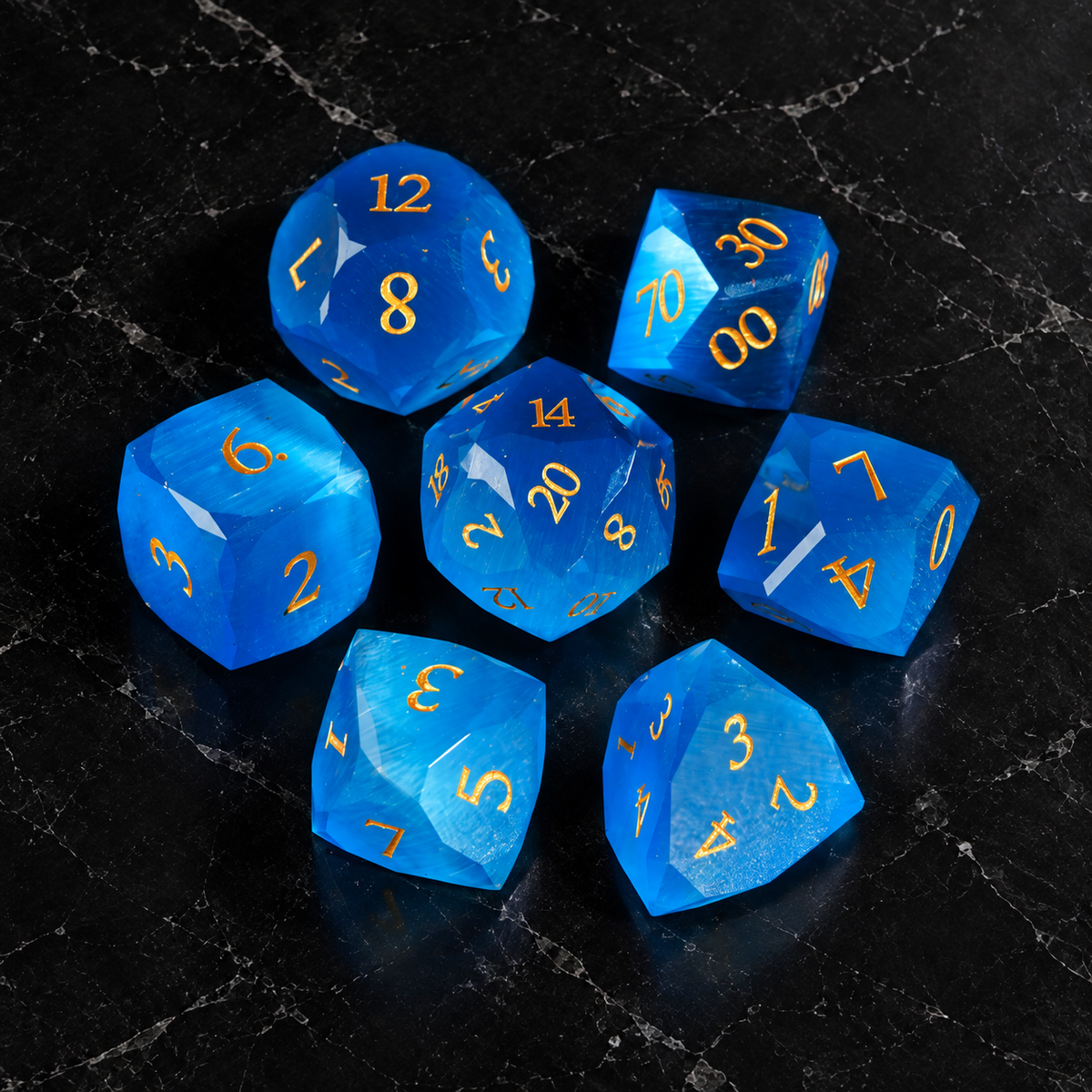 Azure Vanguard - Faceted Cobalt Blue Glass Dice Set - overhead set