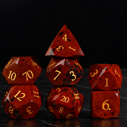 Emberwood Relic - Faceted Red Brown Stone Dice Set - standing set