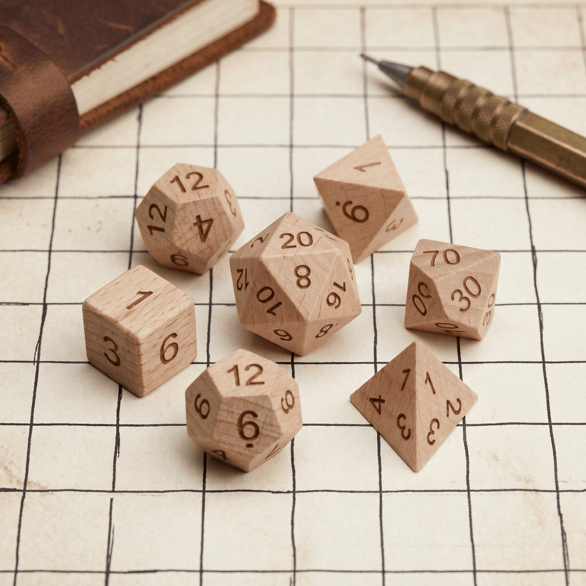 Beechwood - Wood Dice Set Beech Wood Dice Set for DND, 7pcs Handmade Polyhedral RPG Dice