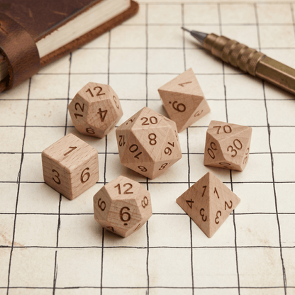 Beechwood - Wood Dice Set Beech Wood Dice Set for DND, 7pcs Handmade Polyhedral RPG Dice