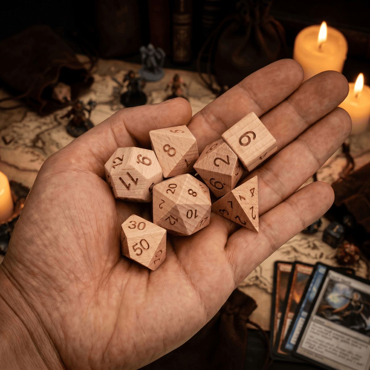 Beechwood - Wood Dice Set Beech Wood Dice Set for DND, 7pcs Handmade Polyhedral RPG Dice