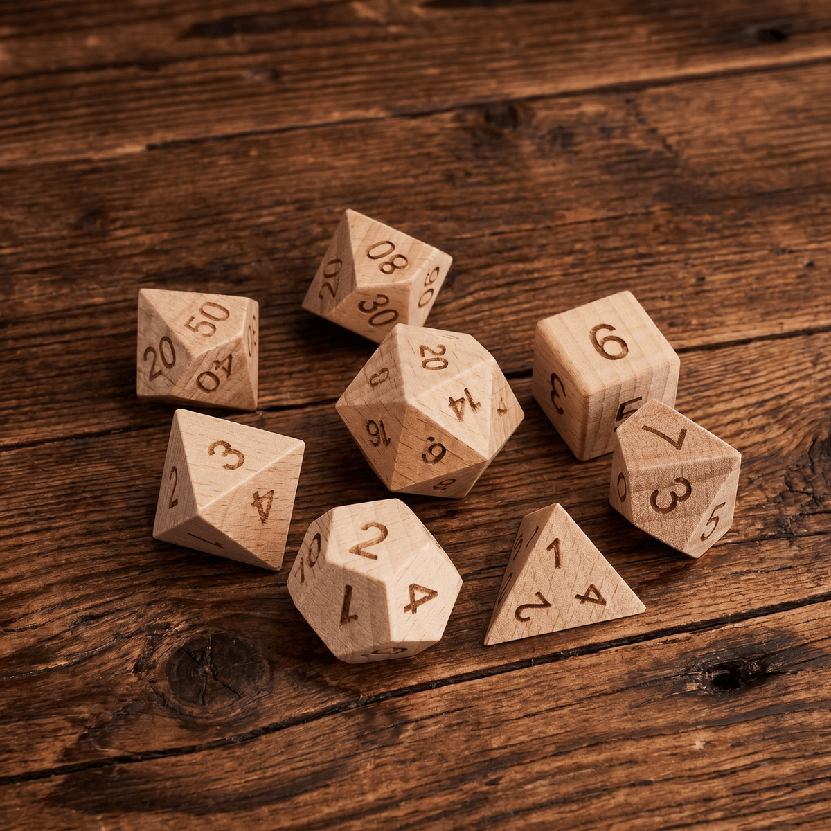 Beechwood - Wood Dice Set Beech Wood Dice Set for DND, 7pcs Handmade Polyhedral RPG Dice