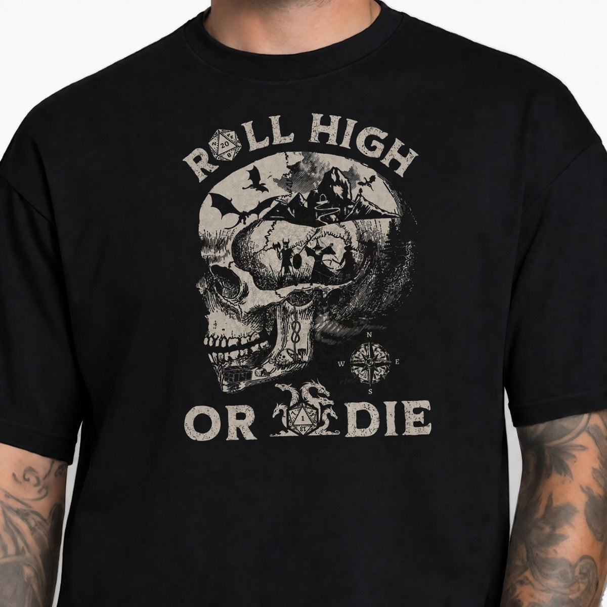 Roll High or Die Skull - DnD T-Shirt male studio image