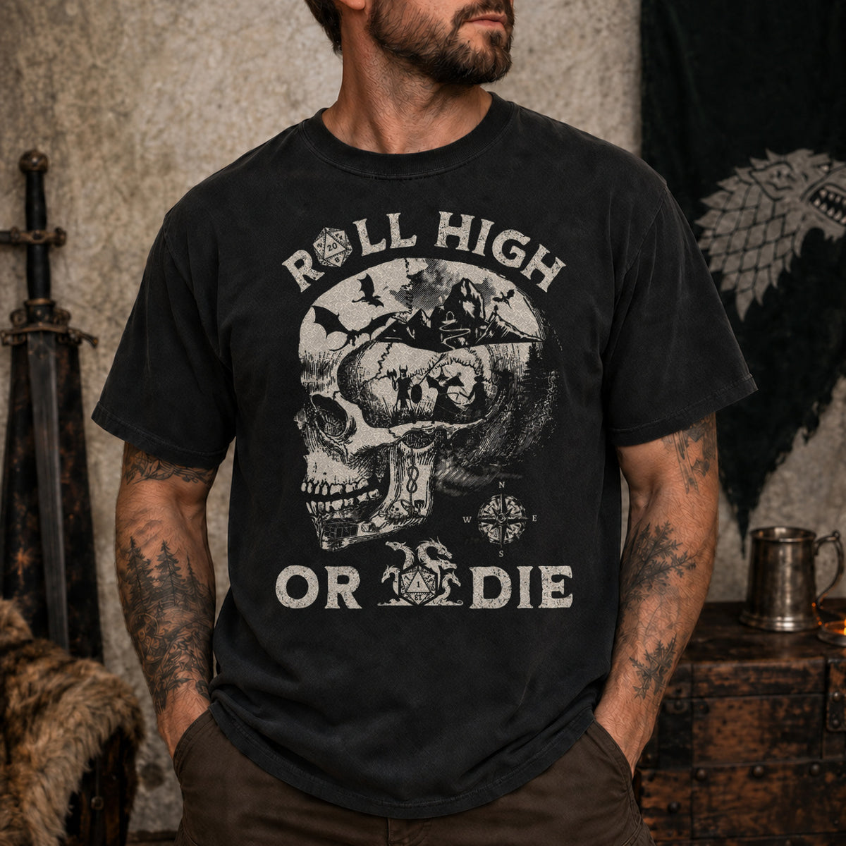 Roll High or Die Skull - DnD T-Shirt D&D lifestyle image